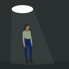 Female character standing in the dungeon under the light from the hatch