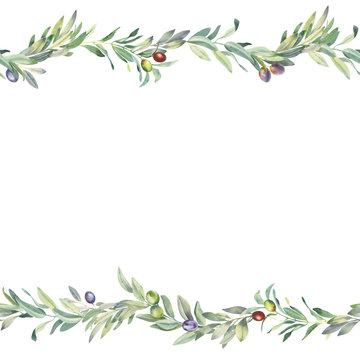 Hand paint watercolor seamless border with olive branch and leaves, isolated on white background. Perfect for creating cards, print, wedding and fashion design. 
