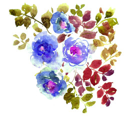 Watercolor Hand Painted Floral Composition Summer Bouquet of Roses and Leaves in Violet