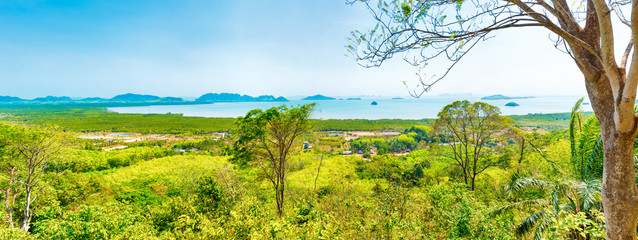 Panorama from green mountain to Ko lanta island  Thailand sea landscape with many islands