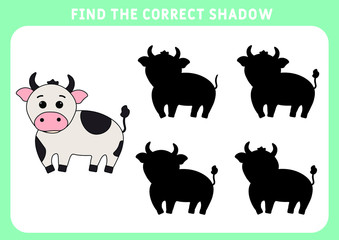 Find the correct shadow, education game for children.  little bull.  Symbol 2021. Preschool worksheet. Vector illustration.