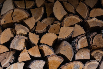 wall of stacked dried firewood under a canopy