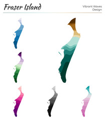Set of vector maps of Fraser Island. Vibrant waves design. Bright map of island in geometric smooth curves style. Multicolored Fraser Island map for your design. Stylish vector illustration.