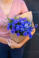Woman in pink t-shirt holding a bouquet of blue cornflowers. Bouquet of blue centourea in craft paper in the hands. Grey dark background