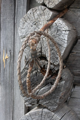 Old braided leather whip with a wooden handle on a wooden wall