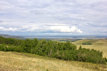 Perfect mountain landscape with lakes forests fields somewhere in Russia South Urals Tranquillity