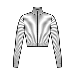 Zip-up cropped turtleneck ribbed-knit sweater technical fashion illustration with long sleeves, close-fitting shape. Flat jumper apparel template front white color. Women men unisex shirt top mockup