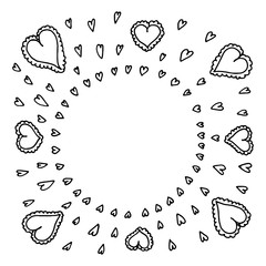 Set of hearts, sketch drawn by hand in doodle style.