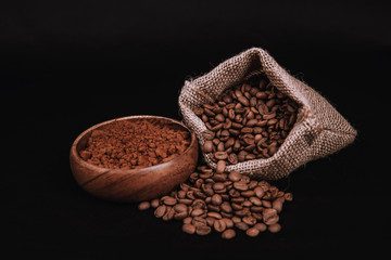 Collection of white coffee and black coffe beans