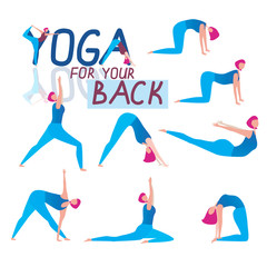 Infographics with yoga poses and young girl as an exercise concept against back pain, flat vector stock illustration with a set of yoga asanas