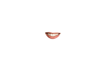 Close-up view of female mouth wearing red lipstick isolated on white studio background. Emotions showing, copyspace ready for advertising or design. Expression, beauty, sensuality, fashion concept.