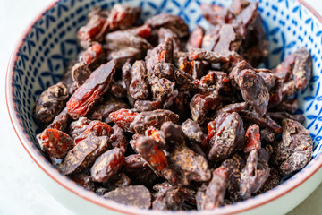 Bitter Chocolate Covered Goji Berries / Berry. Healthy Raw Organic Wolfberry Snacks.