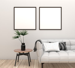 Two square black frame mockup with sofa and modern side table on white wall in living room with cushions and cloth. 3D illustration.