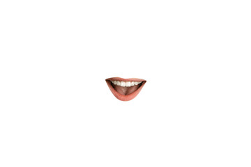 Close-up view of female mouth wearing red lipstick isolated on white studio background. Emotions...