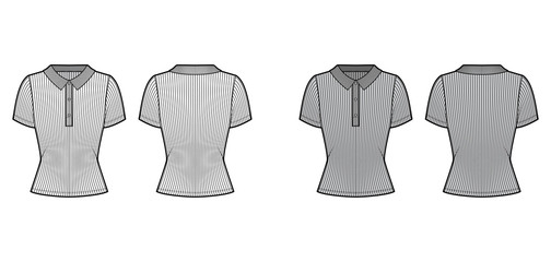 Ribbed cotton-jersey polo shirt technical fashion illustration with short sleeves, buttons along the front, slim fit. Flat top apparel template front, back, white grey color. Women men unisex knit CAD