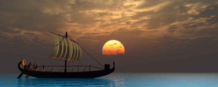 Ancient Egyptian Ship - Two boatmen sail on a quiet ocean in an ancient historical Egyptian sailing ship as the sun sets at the horizon.