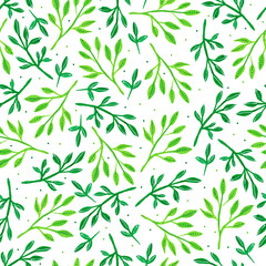 Hand painted seamless pattern with green branches. Watercolor floral illustration. Spring print for wallpaper, wrapping paper, textile