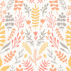 Fototapeta na wymiar Vector seamless pattern with hand drawn plants. Floral ornament. Vintage illustration for wallpaper, wrapping paper, textile, surface design