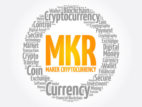 MKR or Maker Cryptocurrency coin word cloud collage, business concept background