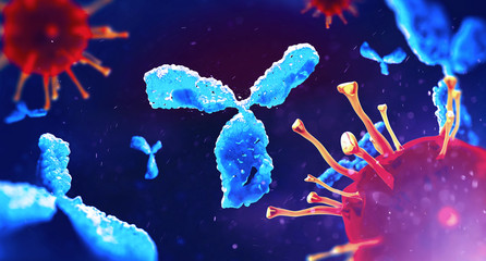 Molecular model of antibody taking part in immune defence. Molecule of immunoglobulin on dark background, 3D illustration - obrazy, fototapety, plakaty