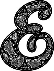 capital letter E with paisley pattern design. Embroidery style in black color. Isolated on white