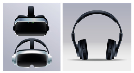 two virtual reality masks and earphones accessories with gray background