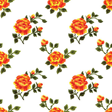 Retro Vintage Rose Plants with Flower, Stem and Leaves Repeating Pattern