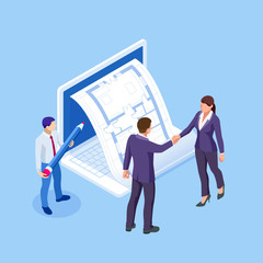 Isometric Business to Business Marketing, B2B Solution, business marketing concept. Two business partners shaking hands.