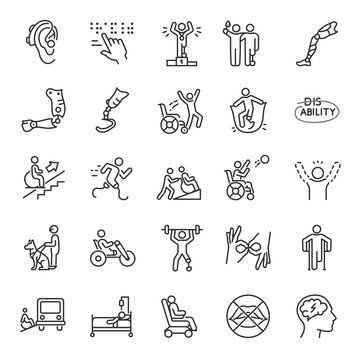 Disability, icon set. disabled people, handicap, physical impairments, linear icons. Line with editable stroke