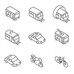 Urban transport, icon set. isometric linear icons. Line with editable stroke