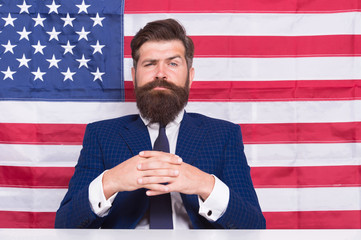 Man american presenter anchorman in studio, great future concept