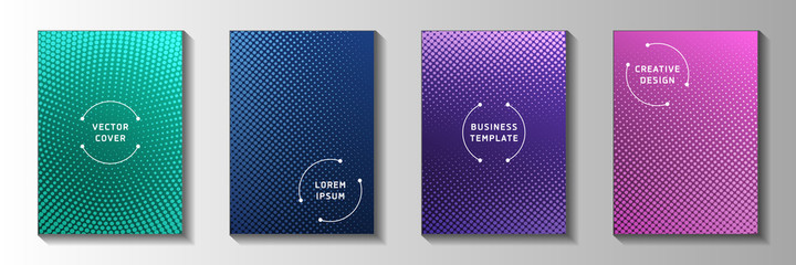 Creative dot perforated halftone front page templates vector set. Corporate banner faded halftone 