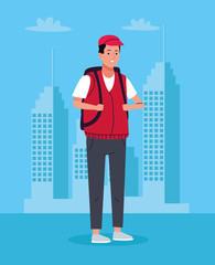 tourist man with travelbag on the city character