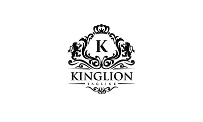 Black Classy Royal Lion Logo on White Background - Fancy Letter Crest Design - Elegant Vintage Initial Brand Icon - Luxury Lion Monogram - Heraldic Vector Illustration
