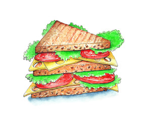 Isolated watercolor sketch with sandwich on white background. Tasty and vegetarian snack with vegetables and cheese. Lunch time.