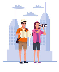 tourists couple with binoculars and papermap on the city characters