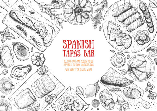Spanish cuisine top view frame. A set of spanish dishes with mojama, hamon, tapas, croquetas . Food menu design template. Vintage hand drawn sketch vector illustration. Engraved image