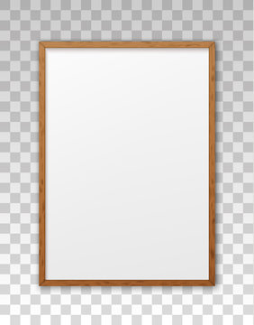 Mockup wood frame photo on wall. Mock up wooden picture framed. Vertical boarder with shadow. Empty photoframe a4 isolated on background. Border for design prints poster and painting image. Vector