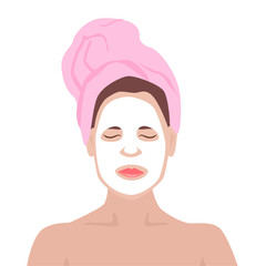 Vector illustration white facial cosmetic. Flat vector mask. Young woman with facial mask, treatment, beauty, cosmetic, makeup, healthy, lifestyle.