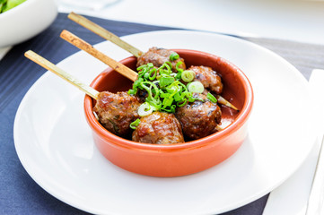 Meat kebab, beef balls on skewer