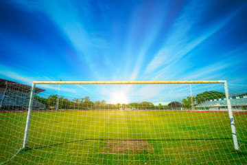 Fototapeta premium Public Stadium Soccer goal or football goal at of stadium with blue sky background.