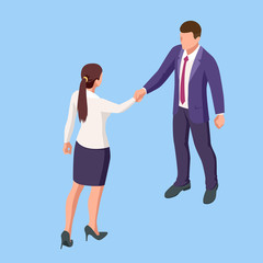 Isometric Business to Business Marketing, B2B Solution, business marketing concept. Two business partners shaking hands.