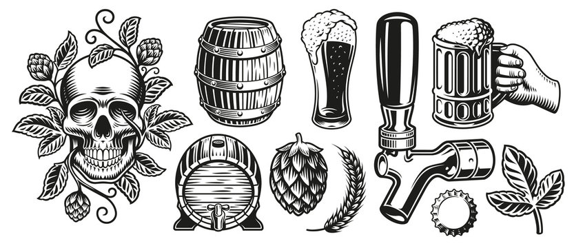 A set of black and white illustrations for beer theme, isolated on white background.
