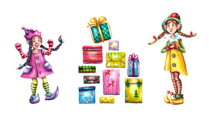 watercolor illustration set of gift boxes with a bow for new year and Christmas holidays and a little helper of Santa Claus.Isolated on a white background.