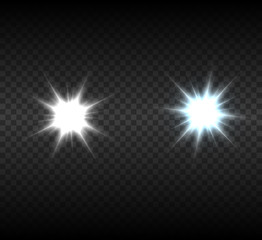 White glowing light explodes on a transparent background. Bright Star. Transparent shining sun, bright flash. Vector graphics.	