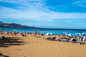 Las Canteras beach. Las Palmas. Gran Canaria Island. With Tenerife Island in the background.