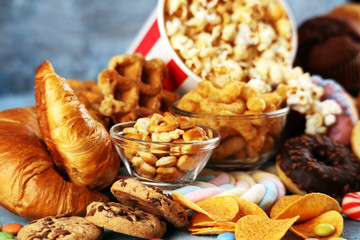 Unhealthy products. food bad for figure, skin, heart and teeth.
