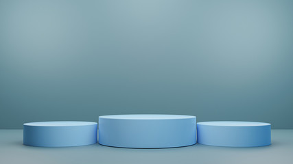 Cylinder podiums blue background. Abstract pedestal scene with geometrical. Scene to show cosmetic products presentation. Mock up design empty space,Showcase,shopfront,display case,3d illustration