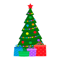 Decorated green fir tree with gifts. Christmas and New Years holiday. Vector illustration