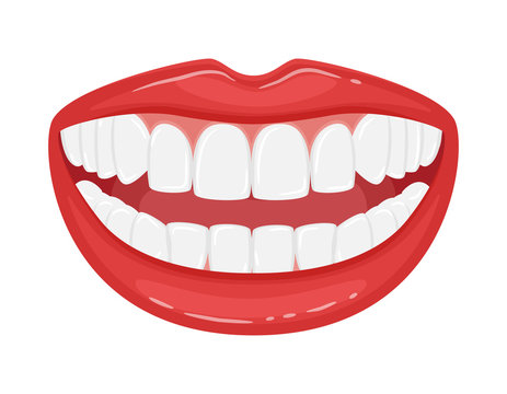 Open mouth with teeth. A snow-white smile. Beautiful lips with even white teeth. Aesthetic dentistry. Advertising a healthy lifestyle and dental care. Isolated flat vector illustration